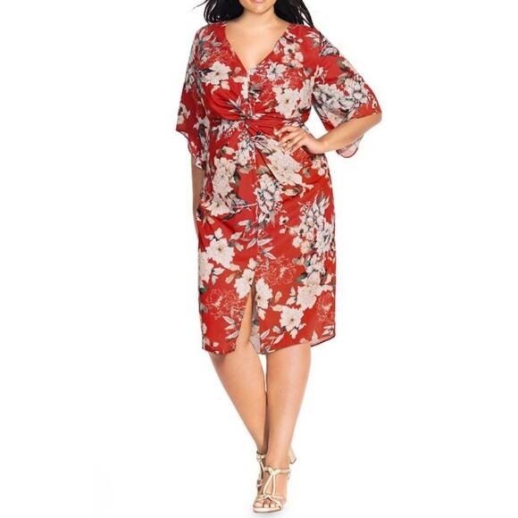 CITY CHIC Red Floral Twist Front A-Line Dress Wedding Tropical Plus Size 20 - Picture 1 of 11